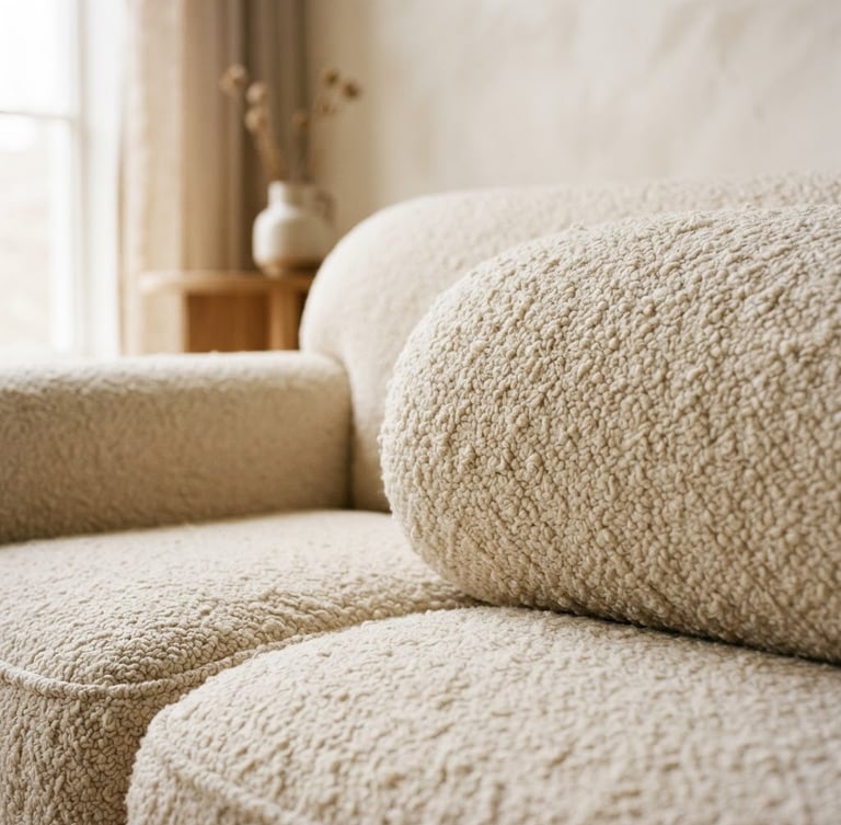 A close-up photograph of a beautifully restored cream bouclé sofa in a minimalist room, soft natural window light, elegant shadows, shallow depth of field, 35mm
