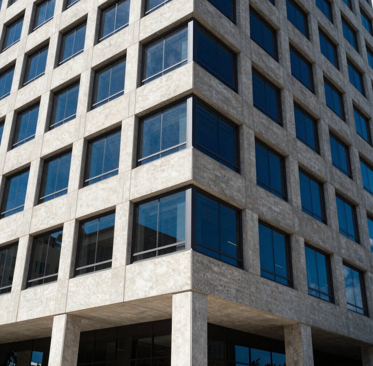 Wide architectural angle of a modern concrete corporate building facade in Fort Myers, hard bright direct sunlight, sharp geometric shadows, electric blue glass reflections, 35mm.