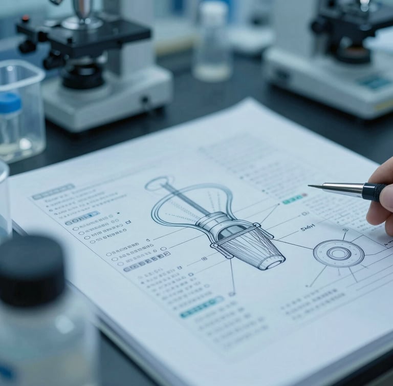 Close-up of clean laboratory equipment and technical medical schematics with subtle digital overlays, cool clinical lighting, 35mm