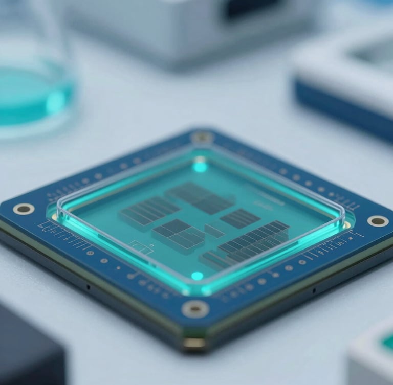 Macro close-up of a high-precision microfluidic chip with turquoise fluorescent liquid, crisp laboratory lighting, scientific instrumentation in soft focus background, 35mm.