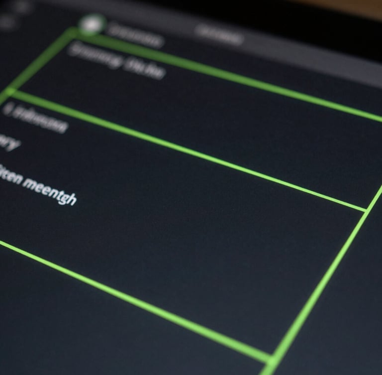 Extreme close-up of a high-fidelity dark UI/UX interface on a screen, glowing acid-green accent lines, moody studio lighting, macro photography.