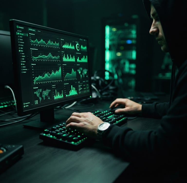 moody dark-mode tech photography of a developer analyzing telemetry dashboards with neon green ambient lighting, high contrast, macro depth of field, 35mm