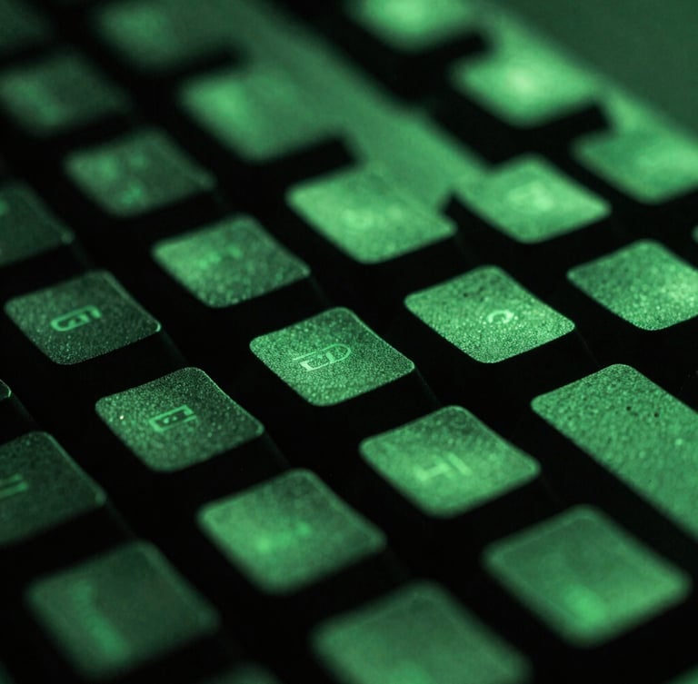 Macro photo of a mechanical keyboard under intense green neon lighting, high-contrast dark shadows, shallow depth of field, 35mm