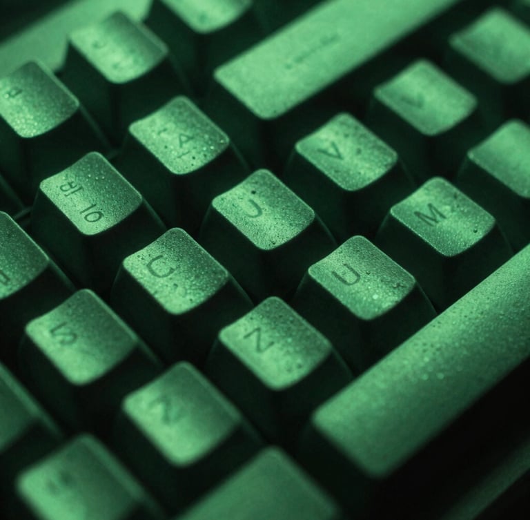 Macro shot of a mechanical keyboard under dramatic neon green light, high-contrast shadows, 35mm photography