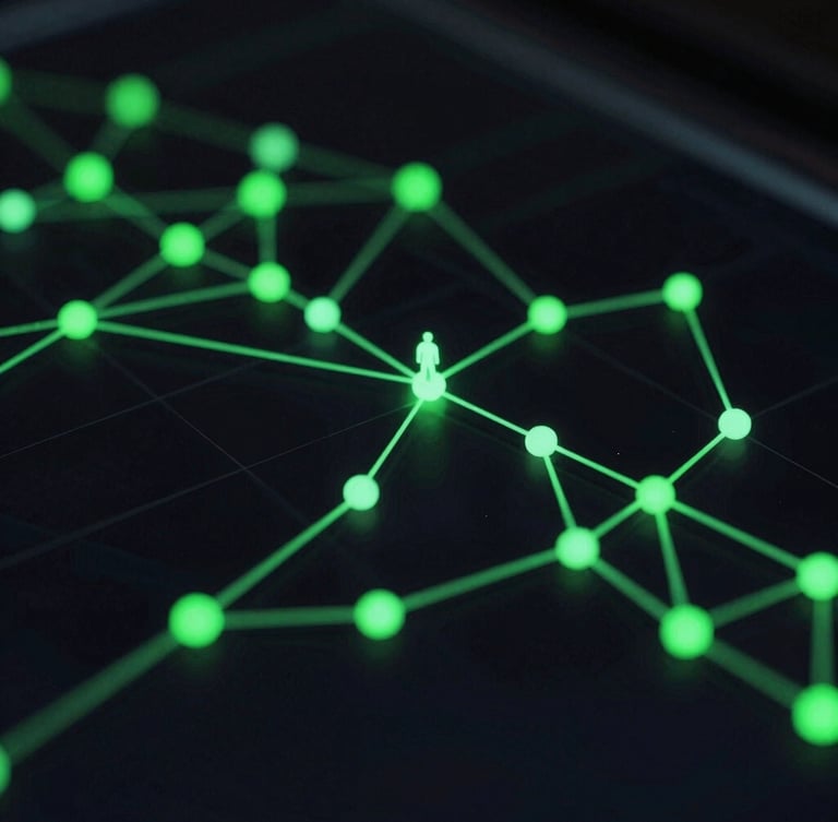 Macro close-up of a high-fidelity game wireframe on a dark screen, glowing neon green nodes showing player flow, dramatic low-key lighting, 35mm
