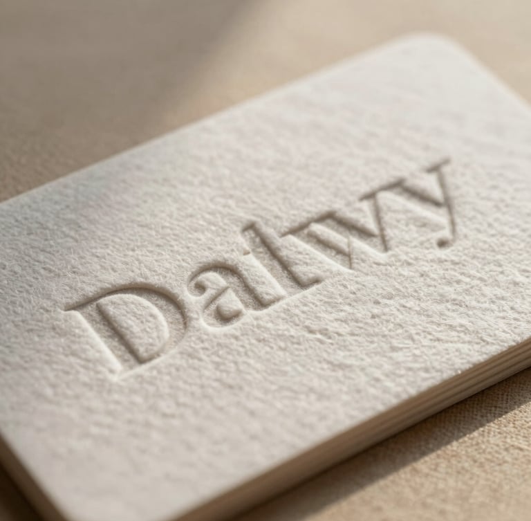 Extreme close-up of heavy cotton business card with deeply embossed minimalist serif typography, soft side-lit shadow on textured warm beige linen