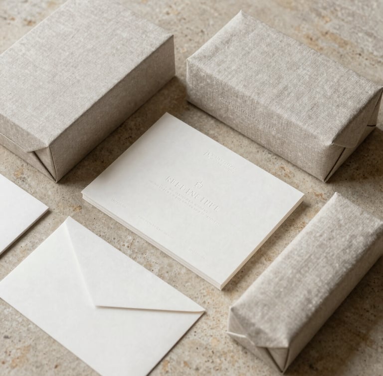 High-angle minimalist flat lay of textured linen brand packaging and embossed stationery resting on a warm stone surface, soft diffused side daylight.