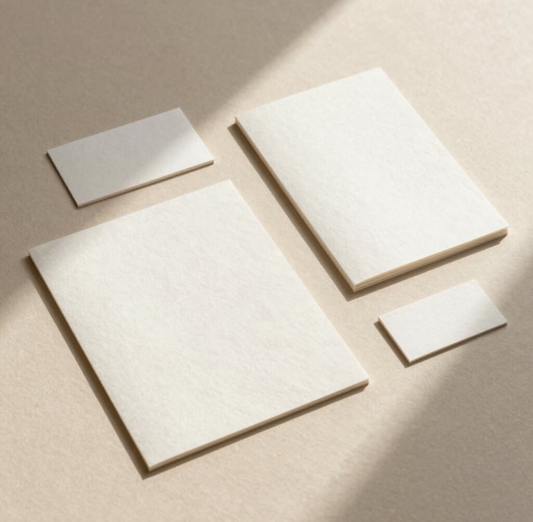 High-angle flat lay of minimalist stationery mockups on textured cotton paper, soft diffused natural light, warm beige shadows.