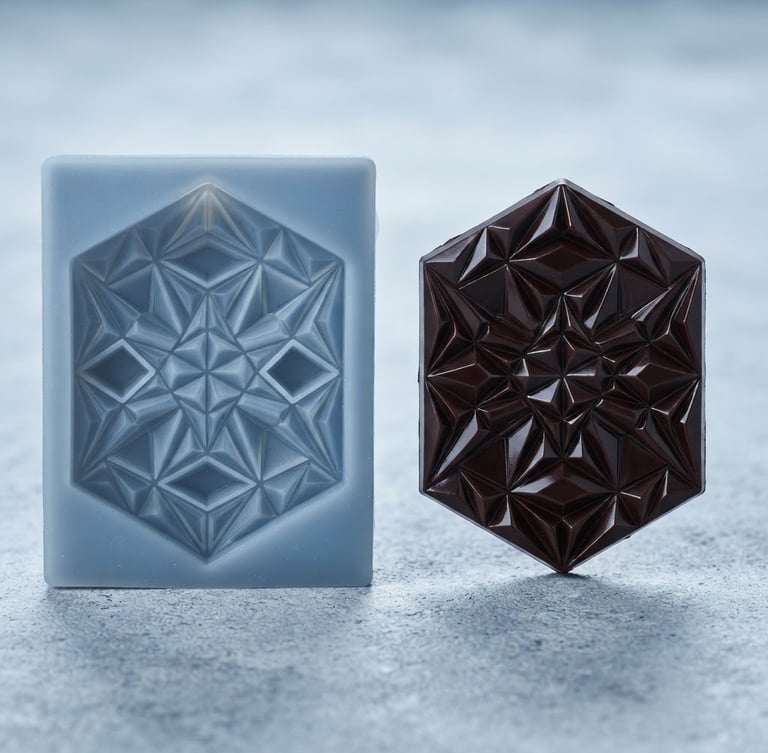 Macro de un molde de silicona de grado platino con un detalle geométrico complejo, junto a una pieza de chocolate desmoldada idéntica, luz de estudio fría, sombras nítidas, enfoque en la textura.