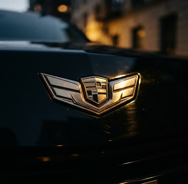 Dramatic close-up of a polished black executive SUV emblem under low-key golden hour street lights, sharp details, 35mm lens