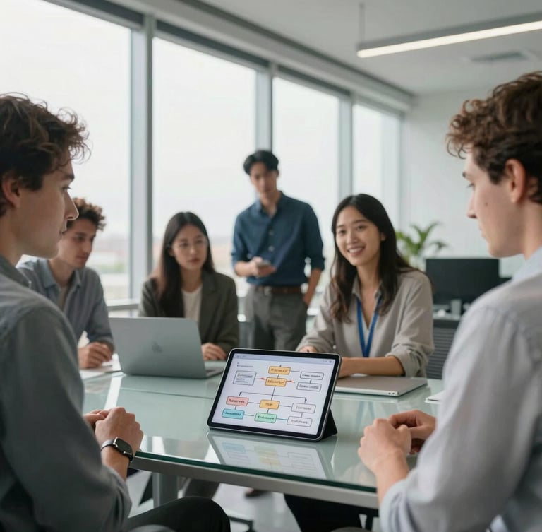 Medium-wide environmental shot, bright natural office daylight, a modern collaborative workspace with clean architectural grid lines, a glass desk, and a tablet displaying a structured process flow diagram.
