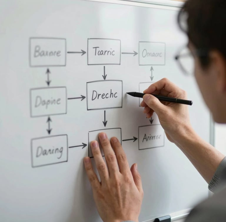 A crisp close-up of hands sketching a clear system workflow diagram on a whiteboard, bright natural office daylight