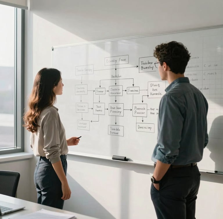 Medium-wide environmental shot of a collaborative corporate workshop. Two professionals in business-casual attire stand before a large whiteboard filled with hand-drawn flowcharts and process maps. Bright, natural office daylight streams from a side window, highlighting the crisp grid lines on the board.