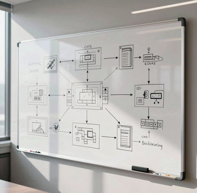 Crisp architectural view of a modern conference room whiteboard covered in hand-drawn flowcharts and system architecture diagrams, bright natural daylight, sharp focus.