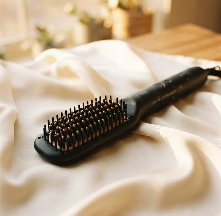 Elegant close-up of a premium matte black hair straightening brush resting on a soft cream-colored silk fabric, warm golden-hour window light, shallow depth of field, 35mm