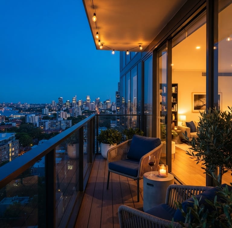 Modern apartment balcony at twilight, warm golden interior light glowing, deep blue sky, clean architectural lines, 35mm