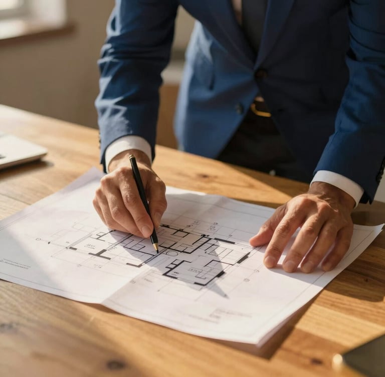 Real estate consultant reviewing architectural blueprints at a wooden table, warm golden-hour light casting soft shadows, professional atmosphere, 35mm.