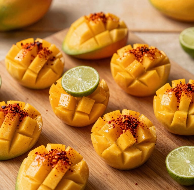 Vibrant close-up of fresh mango cups with chili powder and lime, beautifully arranged on a wooden table, warm daylight