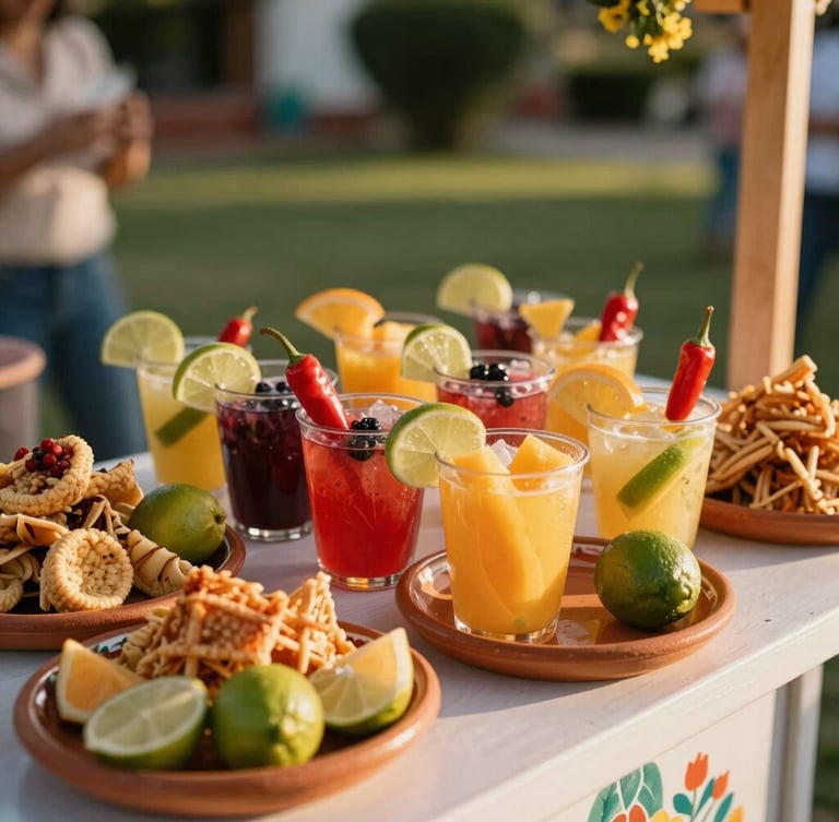 Vibrant close-up of a beautifully styled Mexican snack cart at an outdoor wedding, colorful fruit cups with lime and chili, terracotta plates, warm golden hour light, 35mm photography