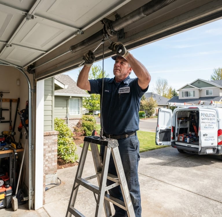 Pendleton-local technician in uniform working on a residential garage door spring, bright daylight, service truck visible in driveway, medium shot