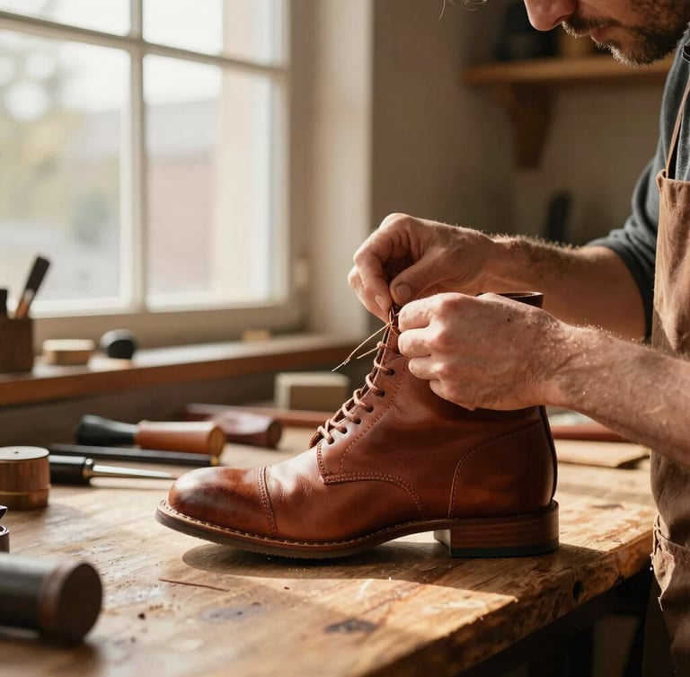 Warm editorial photography of a craftsman hand-stitching a leather boot in a rustic modern workshop, soft side window light, rich leather textures, 35mm