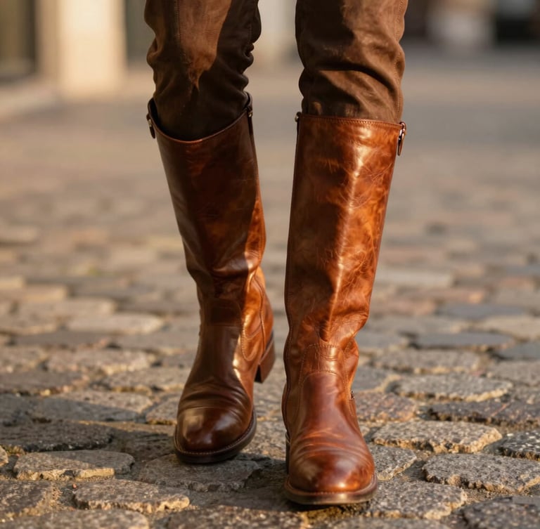 Warm editorial portrait of tobacco brown leather boots walking on cobblestone pavement, soft golden hour sunlight reflecting off the leather texture, shallow depth of field, 35mm