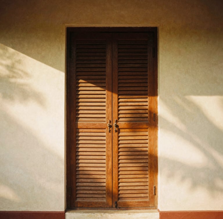 A tall portrait of a louvered wooden screen in a Goan villa, light slicing through to create dramatic shadows on lime-plaster, medium format film.