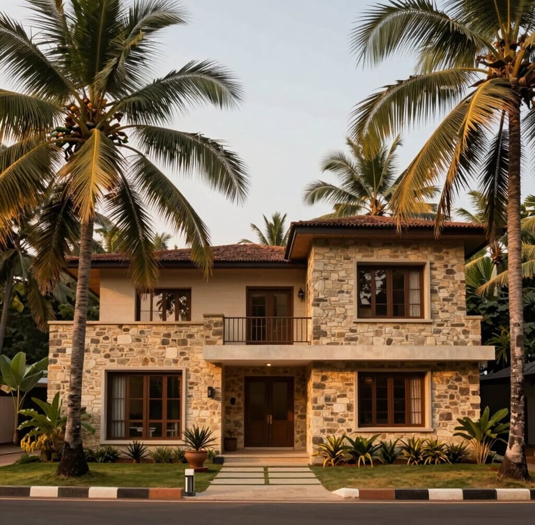 Architectural portrait of a modern laterite stone home in Mandrem, Goa, surrounded by dense palm trees, soft golden hour light.