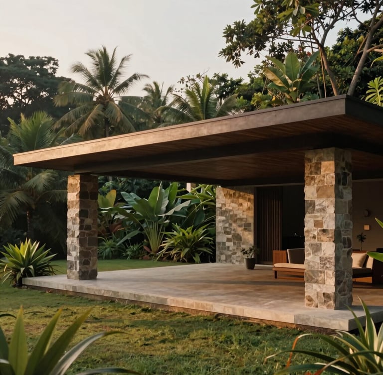 Wide-angle architectural photograph of a minimalist tropical pavilion in Goa, open-air pavilion with deep eaves, laterite stone pillars, surrounding lush jungle foliage, soft morning light.