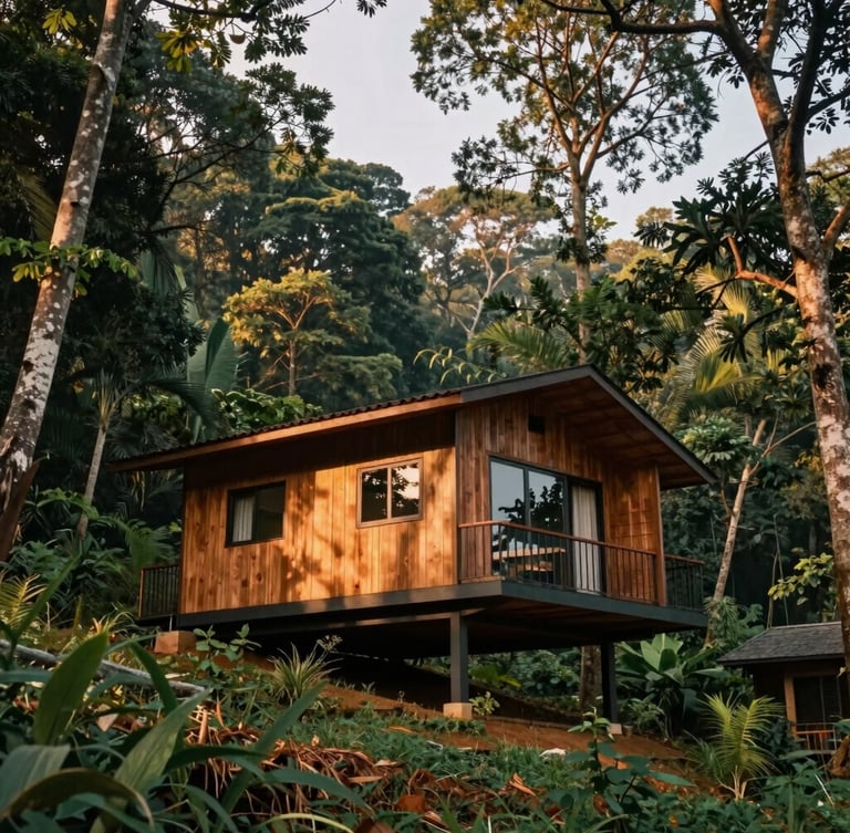 Low-angle architectural photograph of a modern timber cabin integrated into a steep forested hillside in Karnataka, soft morning light filtering through the dense canopy.