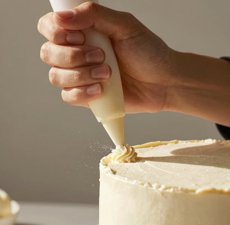Close-up of artisan hands carefully piping delicate cream onto a modern cake, flour dust in the air, soft natural side-lit daylight, warm tones, 50mm lens
