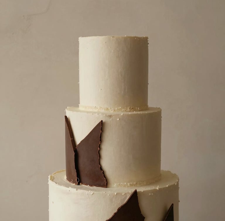 Elegant editorial food photography, soft natural side-light, close-up of a minimalist sculptural wedding cake with delicate chocolate shards, set against a textured plaster backdrop, warm tones.