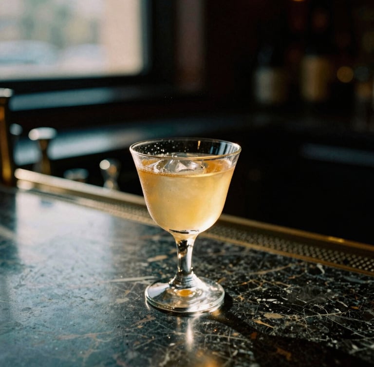 Moody close-up of a classic cocktail on a dark marble bar, warm golden-hour window light reflecting off glassware, rich shadows, 35mm film