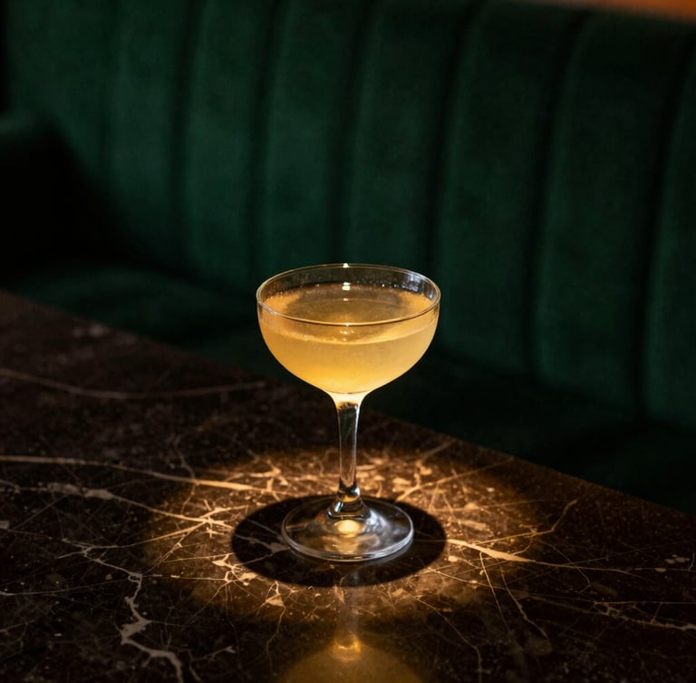 Moody editorial close-up of a classic cocktail on a dark marble counter under a single warm spotlight, rich shadows, deep green ambient background