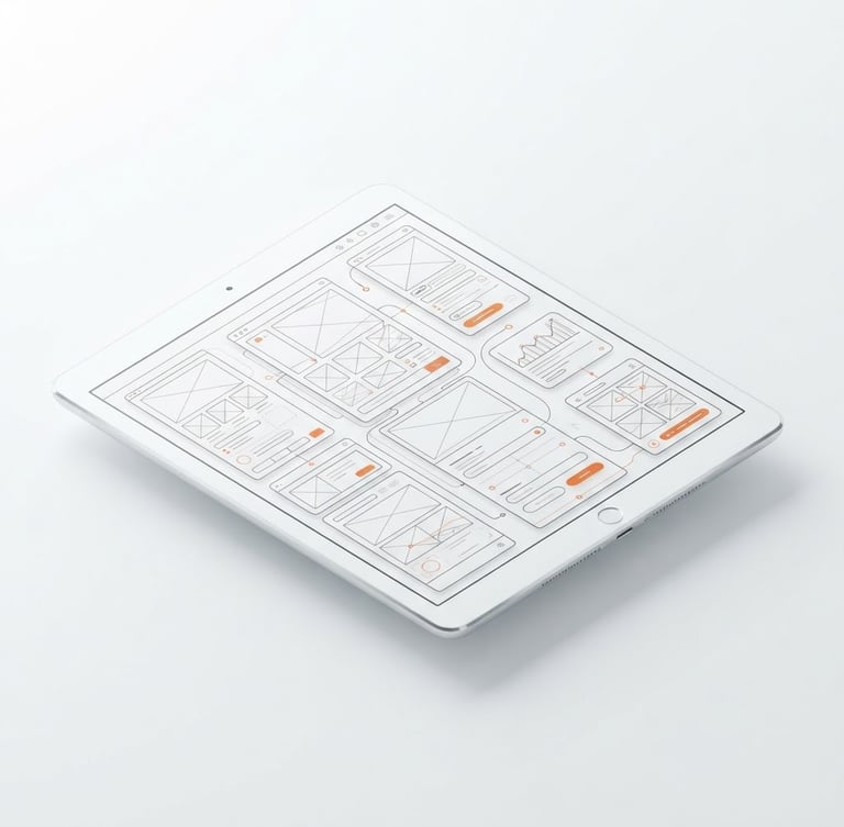 Isometric digital 3D render of a clean tablet mockup displaying an interactive UI wireframe, bright high-key studio lighting, minimalist tech aesthetic, orange accent highlights, sharp focus.