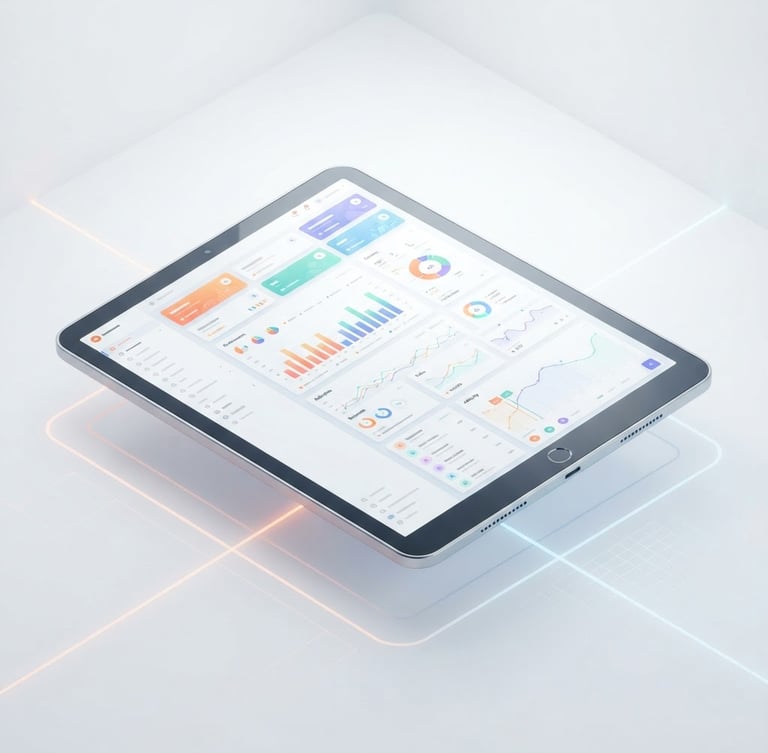Isometric clean digital 3D render of a sleek tablet displaying a high-fidelity SaaS dashboard interface, floating on a bright minimalist white studio background with soft orange accent lines.