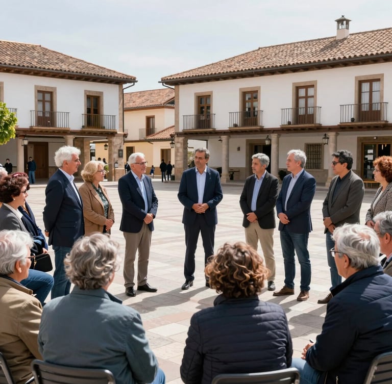 Active community gathering in the central plaza of Guadarrama, local residents talking with municipal representatives under bright morning sun, authentic candid moment, professional editorial photography, 35mm lens.