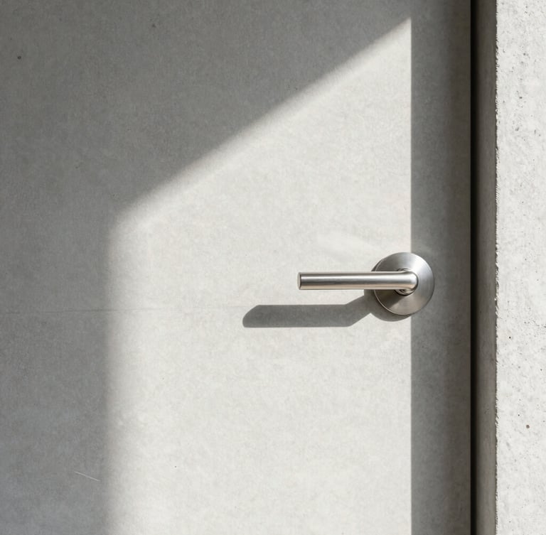 Straight-on architectural shot of a clean, minimalist modern Swiss concrete entryway with a brushed steel door handle, bright morning daylight, soft natural shadows.