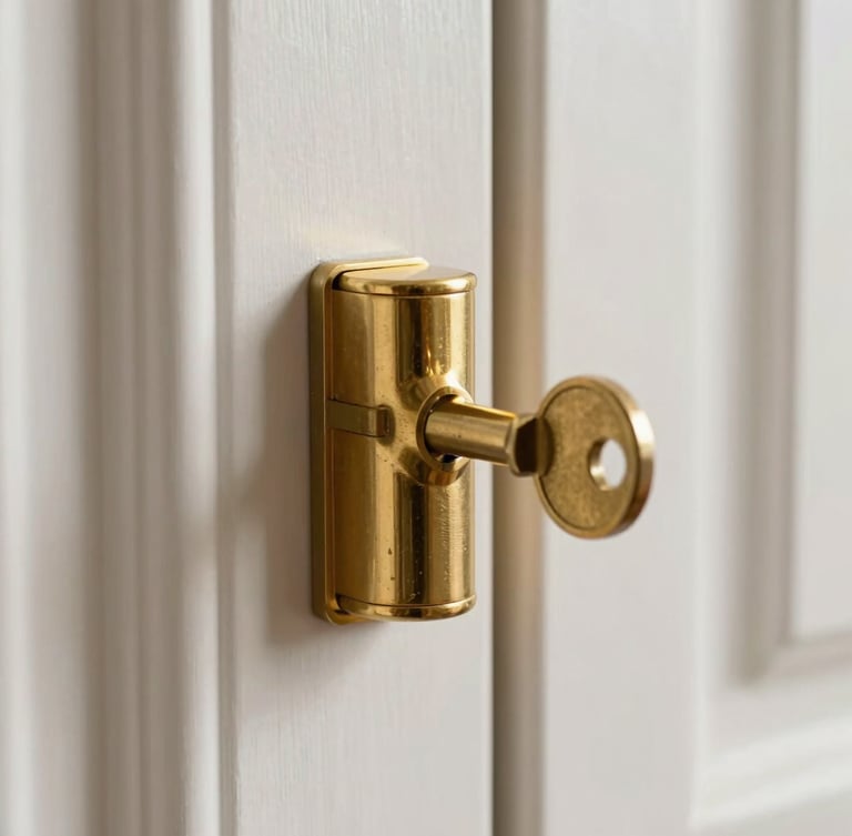 Macro shot of a high-quality brass lock cylinder with a key partially inserted, bright neutral daylight, clean architectural door frame