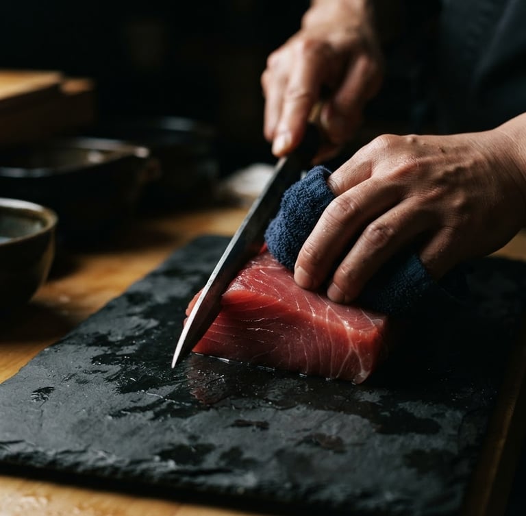 Moody close-up of a Japanese chef's hand slicing fresh red tuna with a traditional Yanagiba knife, dramatic side-lighting, dark slate background, high contrast