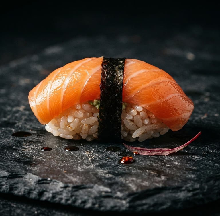 Macro photograph of a single pristine salmon nigiri on dark slate, dramatic side-lighting, crimson accents, 50mm lens