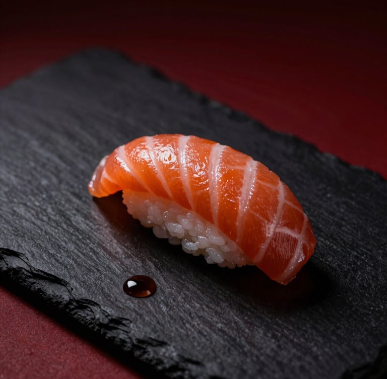 Macro portrait of structured salmon nigiri sushi placed on a textured black stone plate, single drop of soy sauce, dramatic side-lighting, dark background with deep red accents.