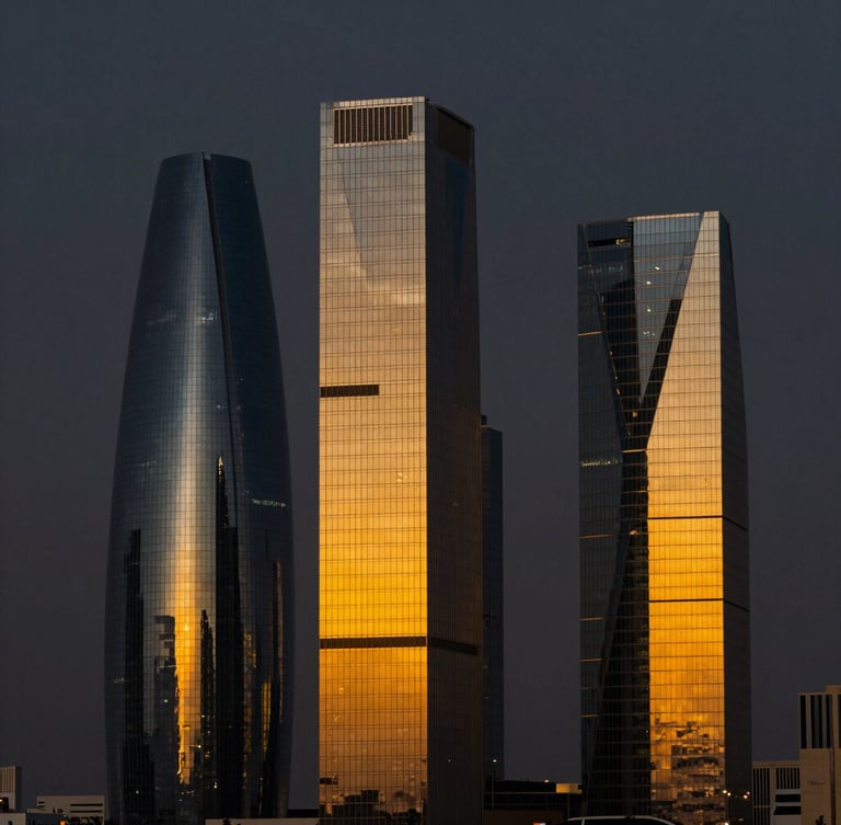 Sleek architectural shot of Riyadh financial district at dusk, sharp golden-orange light reflecting off modern glass skyscrapers, 35mm corporate photography, dramatic dark background.