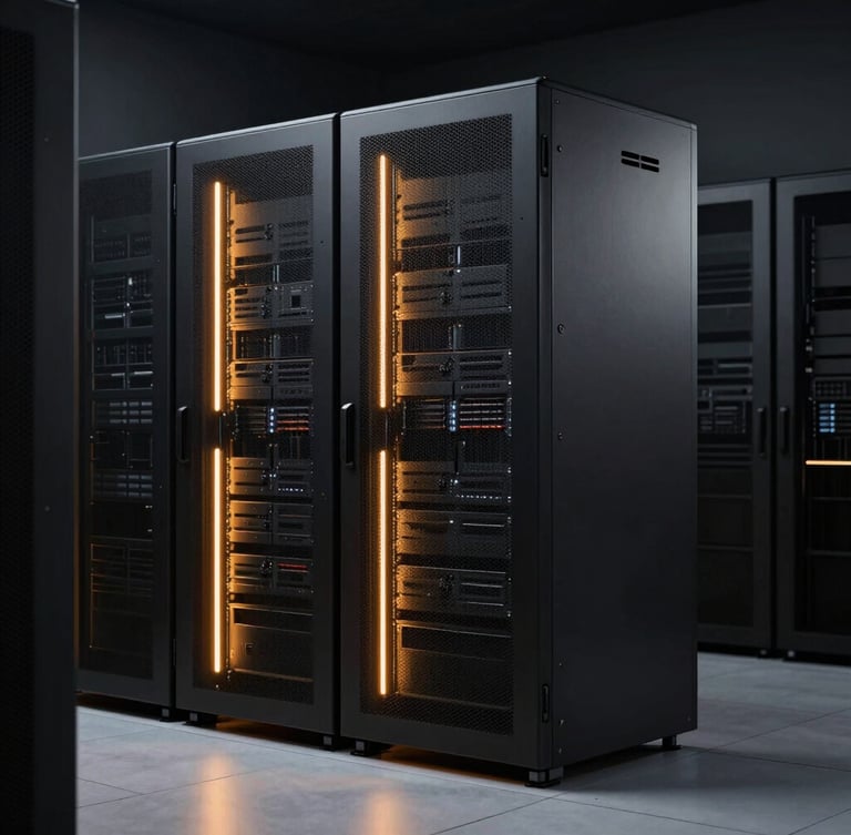 Sleek corporate technology photography of a modern server room, dark moody background with sharp golden-orange light accents highlighting clean architectural lines, 35mm.
