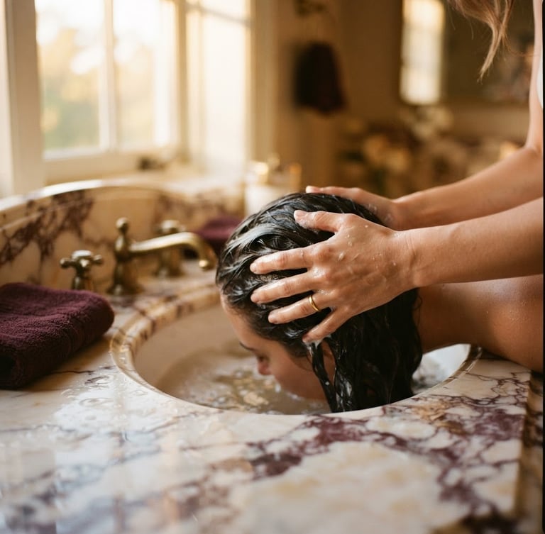 Elegant close-up of hands gently washing hair in a luxurious marble sink, warm golden-hour window light, soft focus, 35mm