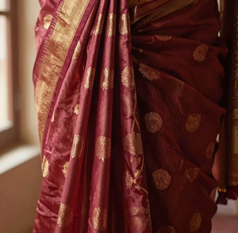 Detailed macro shot of rich silk saree pleats in deep crimson and gold thread, showing intricate texture, warm side lighting.