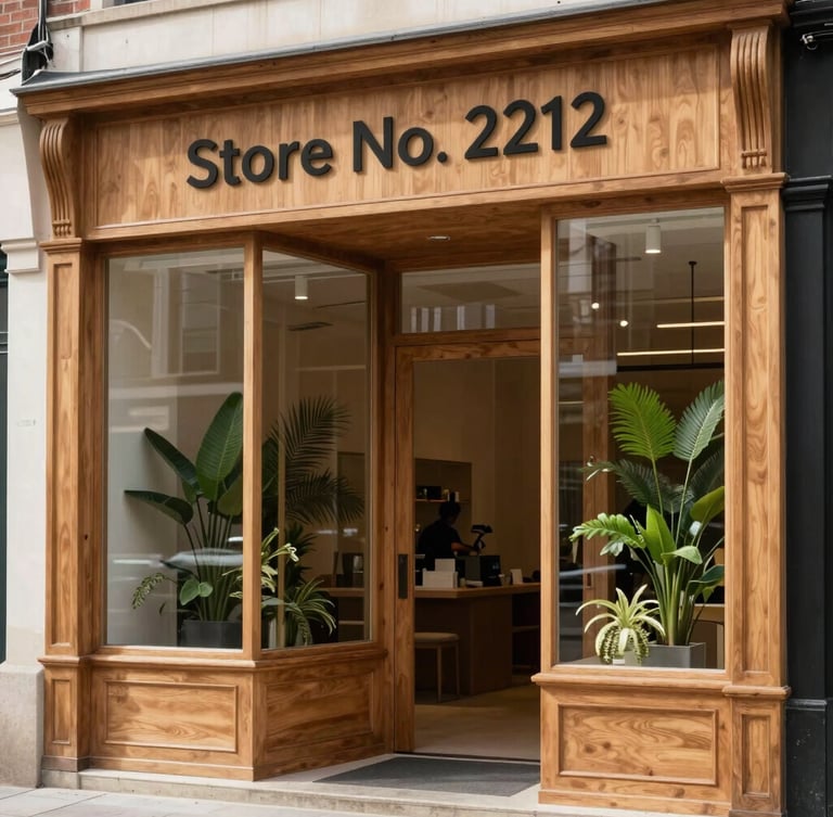 A close-up architectural view of the warm wood-and-glass storefront facade of Store No. 2212 in Alexandria. Soft, natural overcast daylight illuminates the minimalist entryway, with lush green botanical accents visible through the clean glass pane.