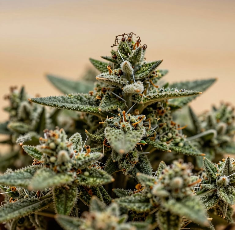 Macro close-up of fresh raw botanical details, soft natural overcast daylight, high-contrast rich green trichomes against a warm muted wood background.