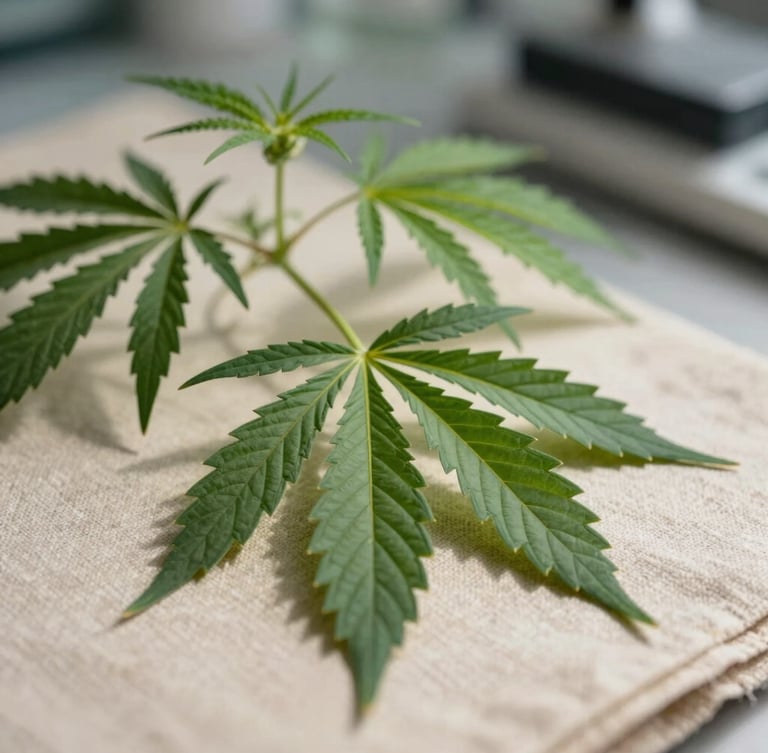 Macro close-up of fresh green botanical cannabis leaves resting on a warm linen surface, soft overcast afternoon light casting gentle shadows, clean laboratory aesthetic.