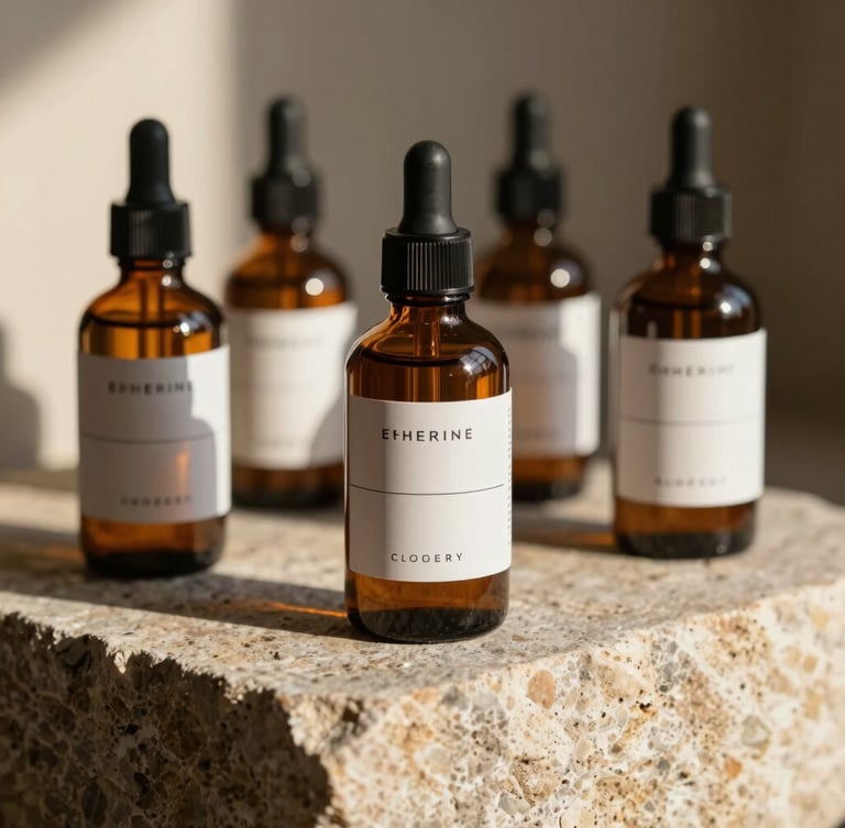Close-up of elegant amber glass cosmetic bottles with minimalist labels, resting on a rough stone block under warm afternoon sunlight.